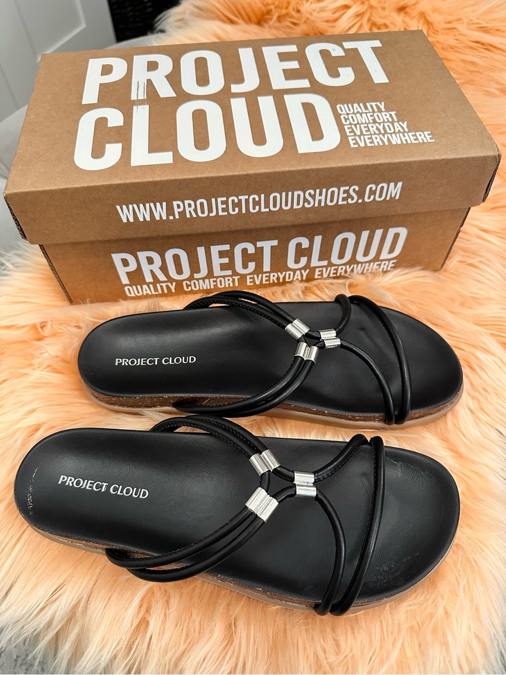 Black Strap Slip On Flat Sandals By Project Cloud Sz 8.5 NEW!